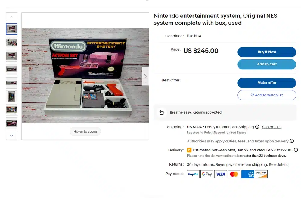Ebay Listing showing Nes console on sale