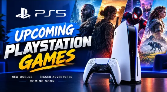 Upcoming PlayStation games banner with a PS5 console, DualSense controller and PlayStation game characters
